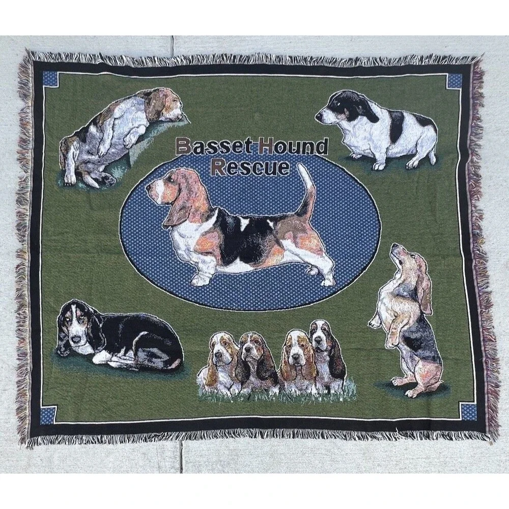 Basset Hound Tapestry Throw Blanket 54x62 Vintage Woven Cotton Fringe Dog